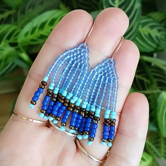 Blue Beaded Fringe Dangle Earrings, 2" - Picture 5 of 6